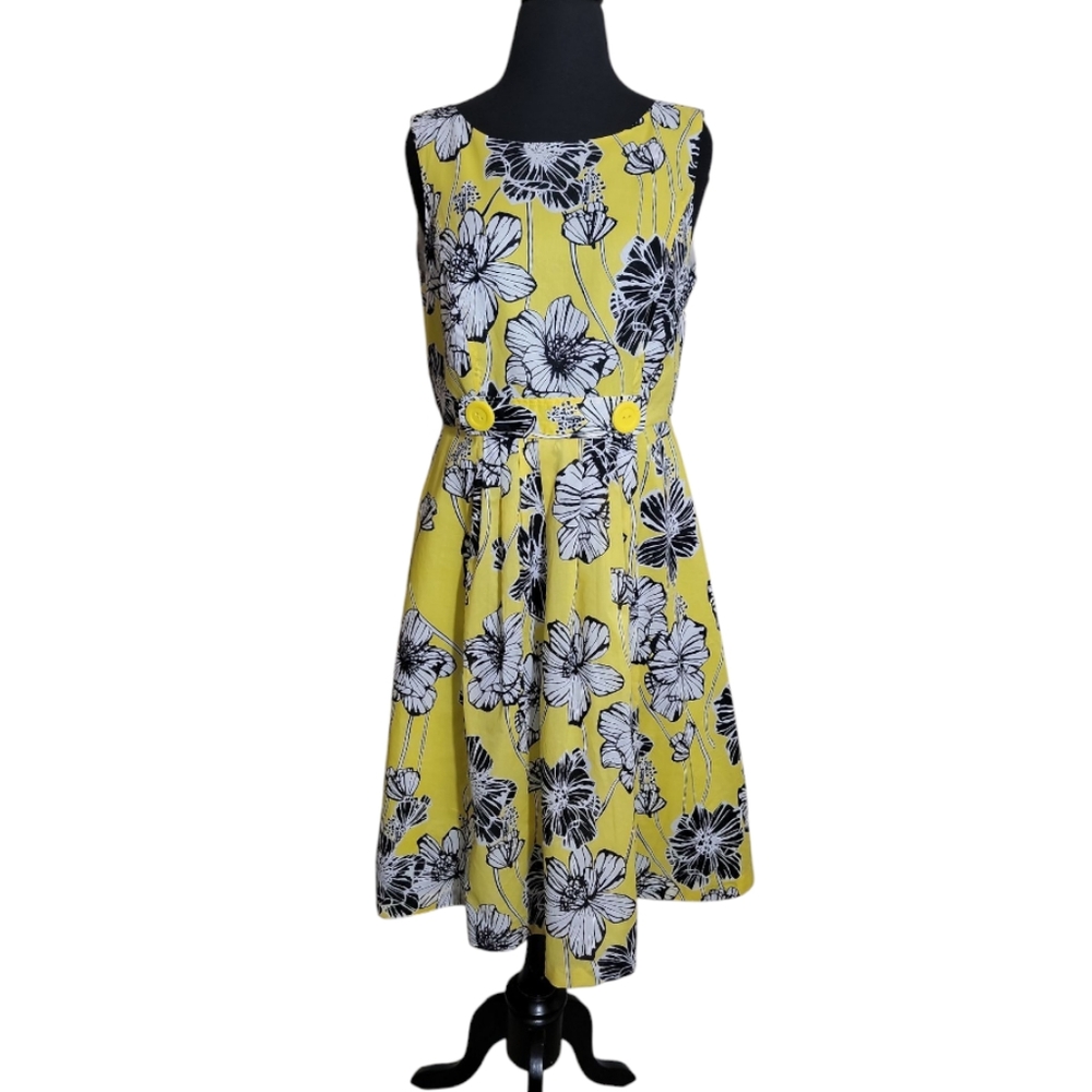 Robbie Bee yellow black white floral pleated fit flare sleeveless dress size 8